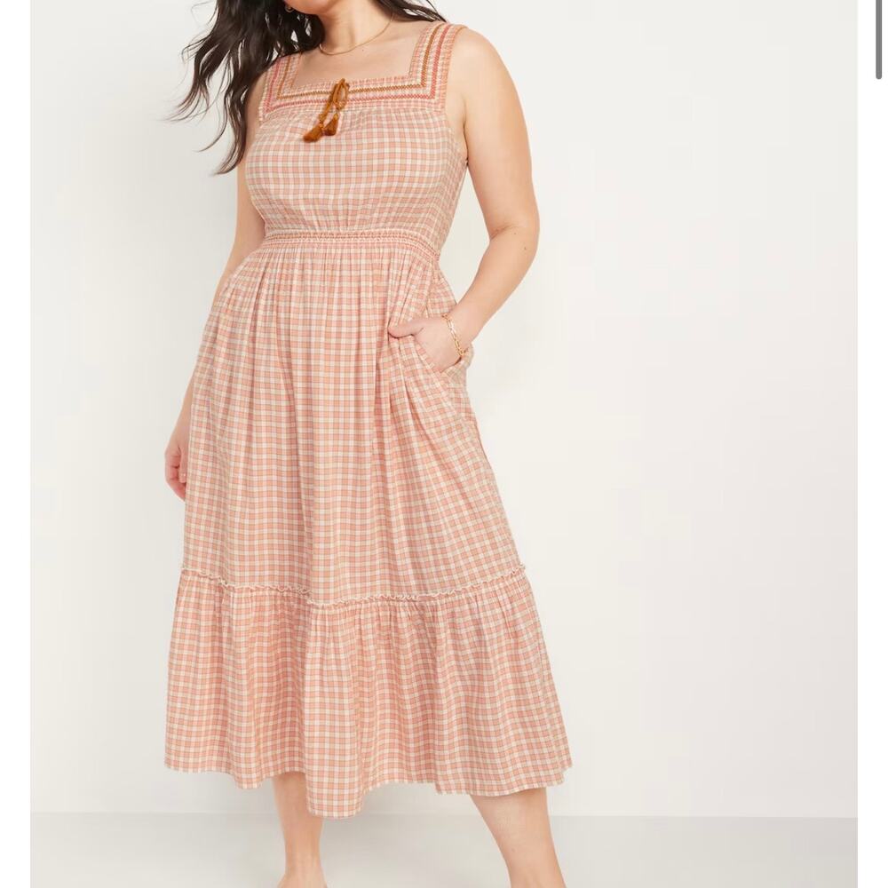 Old Navy Plus Women's Gingham Embroidered Waist Midi Maxi Dress 4X Pink